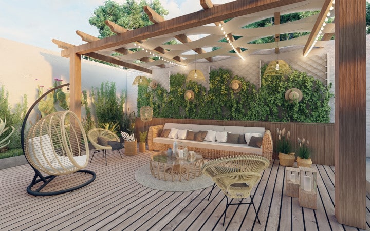 Terrasse en bois avec aménagement autour
