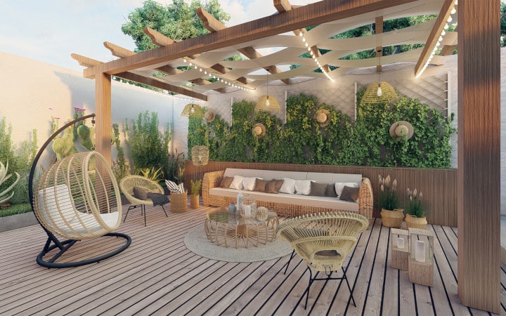 Terrasse en bois avec aménagement autour