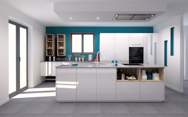 Îlot central de cuisine laquée blanche avec hotte aspirante