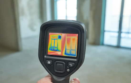 Inspection des fenêtres d'un bâtiment avec une caméra thermique afin d'identifier les déperditions de chaleur