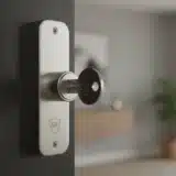Serrure certifiée A2P installée sur une porte d'entrée blindée avec clé insérée