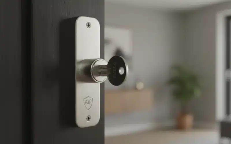 Serrure certifiée A2P installée sur une porte d'entrée blindée avec clé insérée