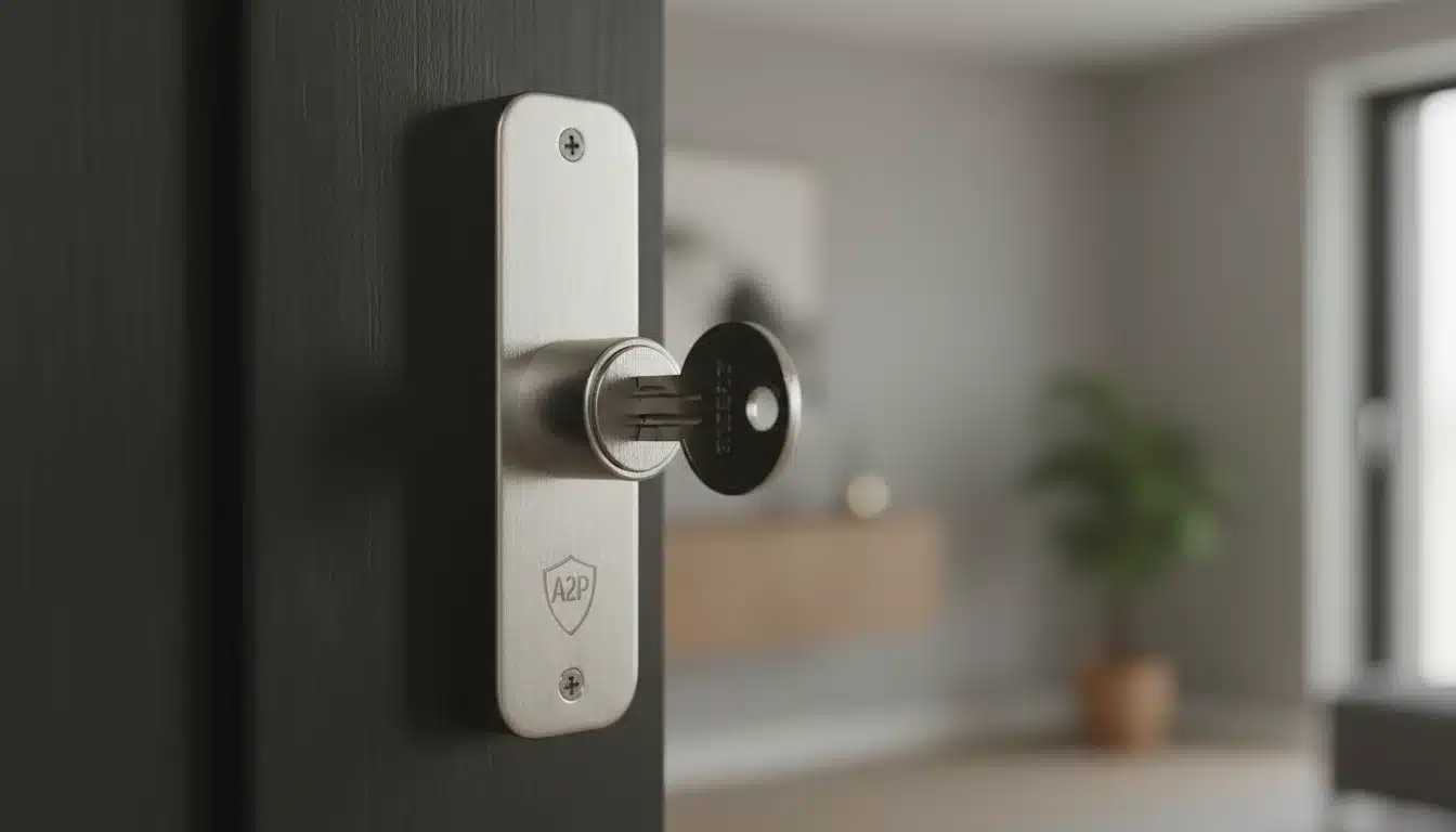 Serrure certifiée A2P installée sur une porte d'entrée blindée avec clé insérée