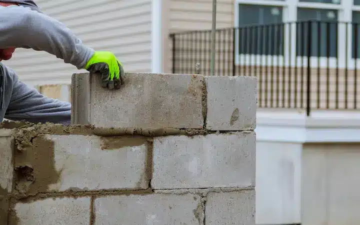 Maçon construit un mur en parpaing