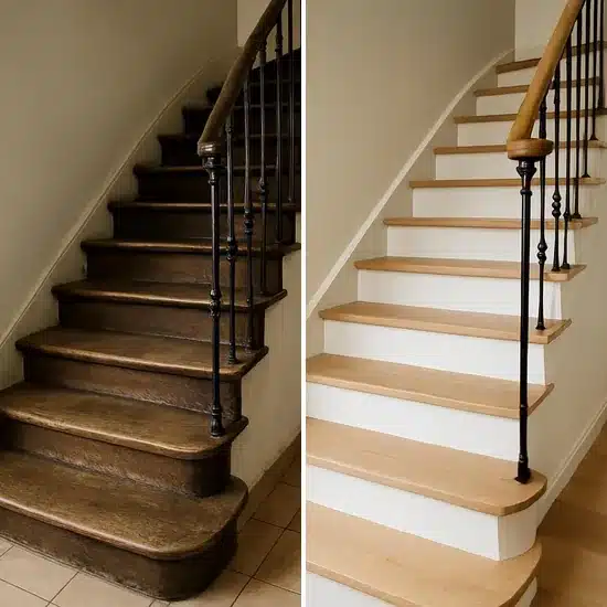 Rénovation d'escalier par recouvrement : avant et après sur un escalier en bois usé