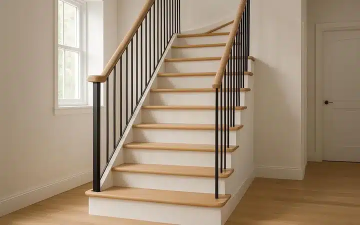 Rénovation d'escalier : marches en bois clair et contremarches blanches après travaux