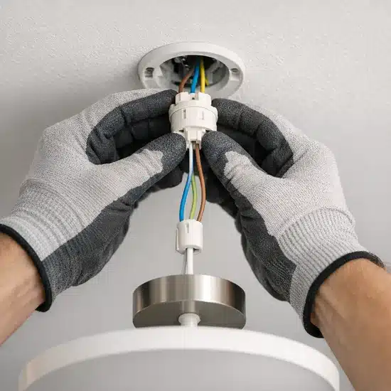 Mains gantées clipsant la fiche DCL d'un plafonnier dans un socle encastré au plafond